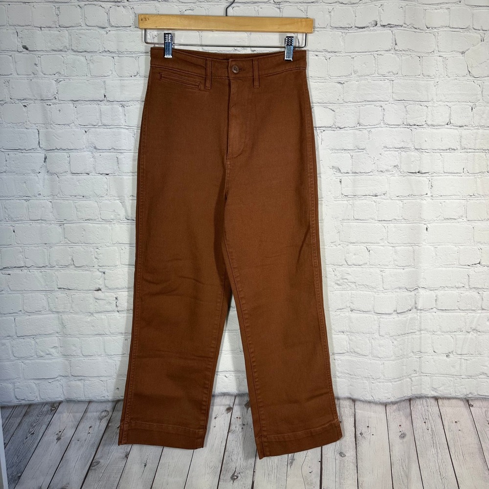 Quince Women 25 Rust Brown High Waisted Wide Leg Crop Pants Cotton Stretch Twill